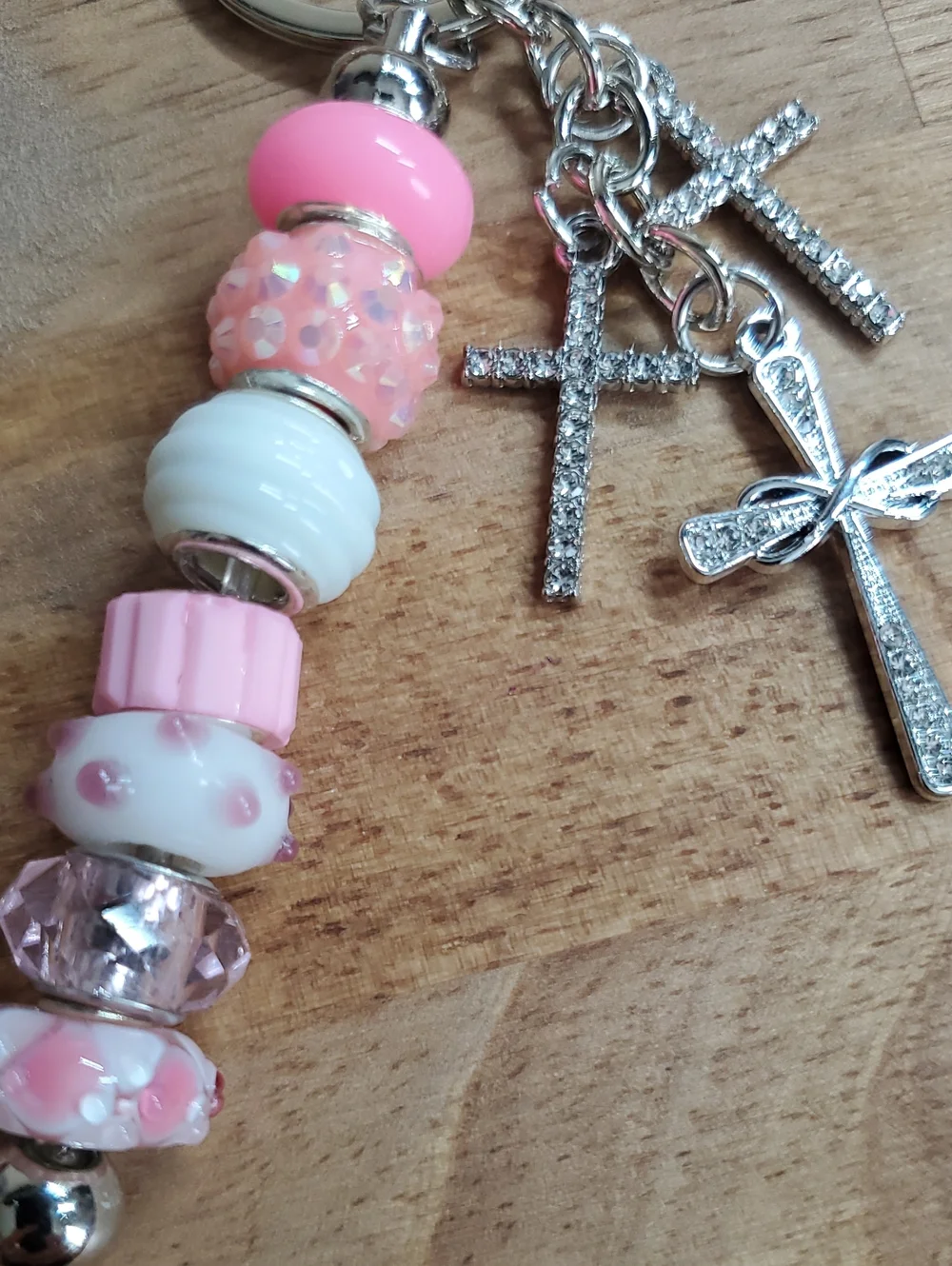 Pink Bead & Cross Charm Keychain